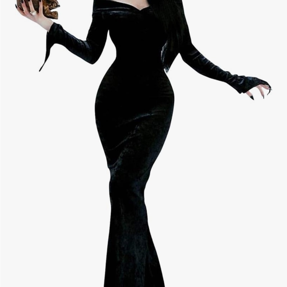 Halloween costume- Morticia with wig, off shoulder black velvet dress